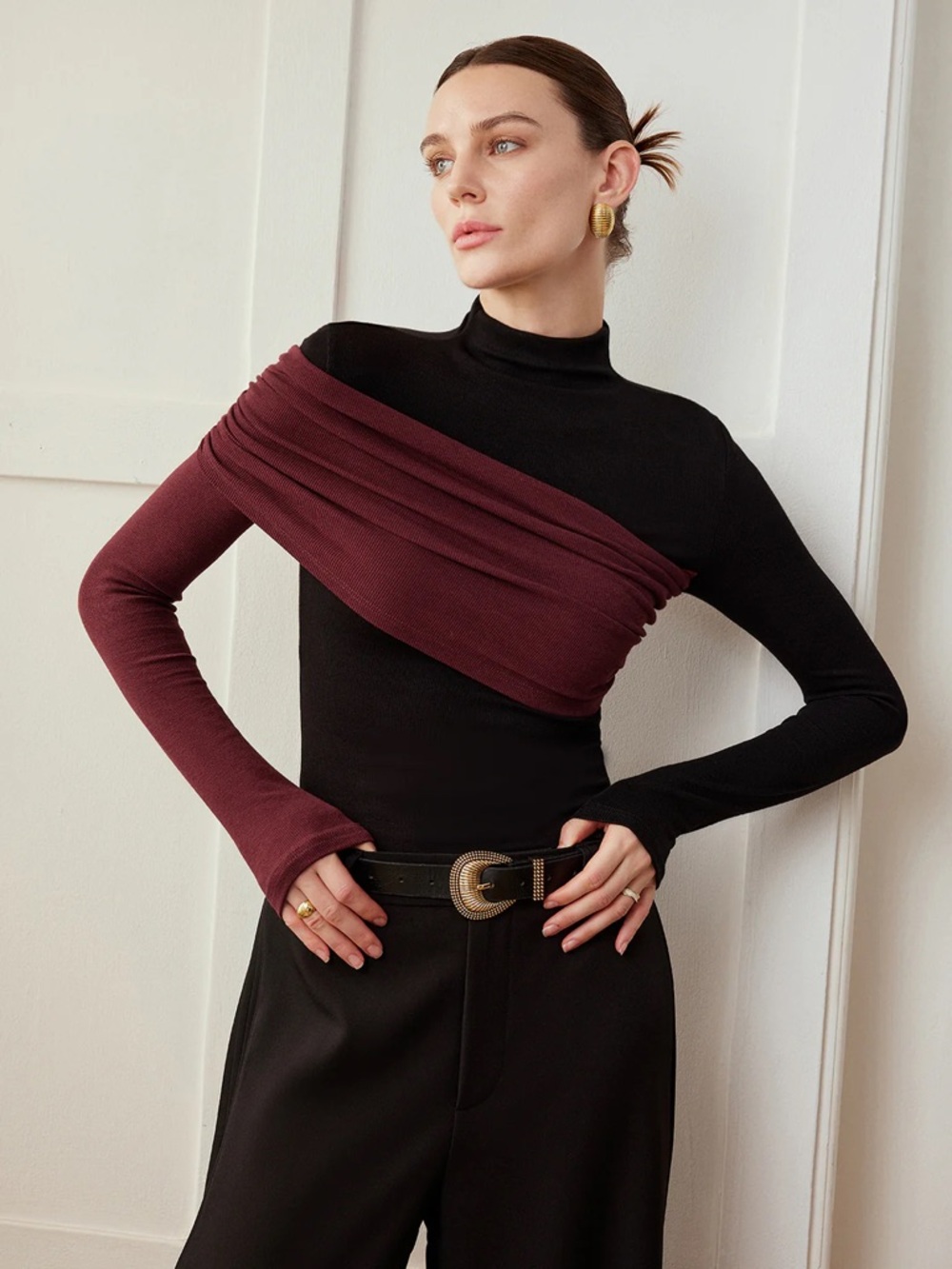 Commense Black & Burgundy Off-the-Shoulder Wrap Sweater